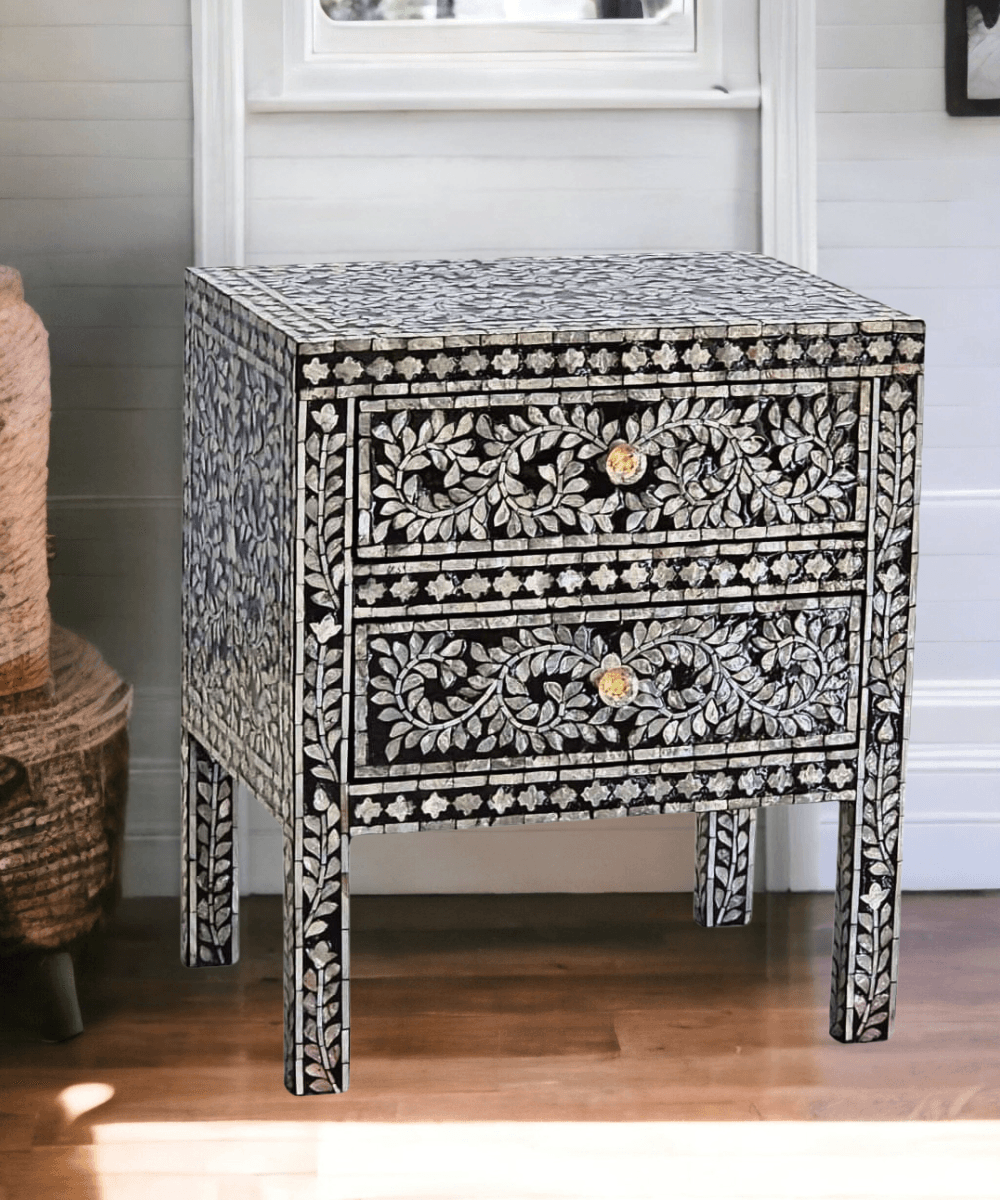 Side View of Black Pearl Bedside Table with Drawer Open