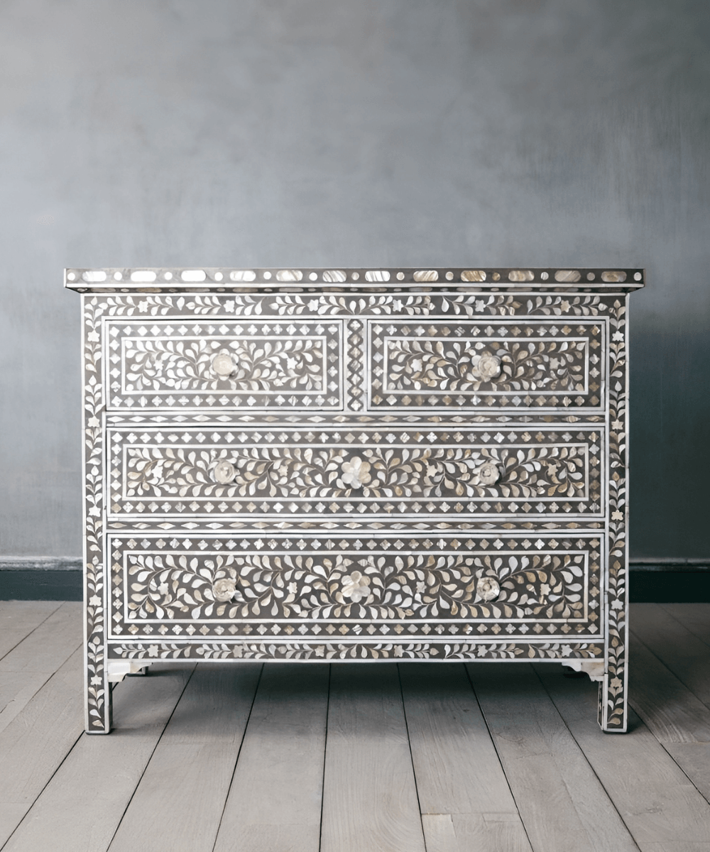 Niktan Export Elegant Grey Chest of Drawers with Mother of Pearl Accents - NikTan Export