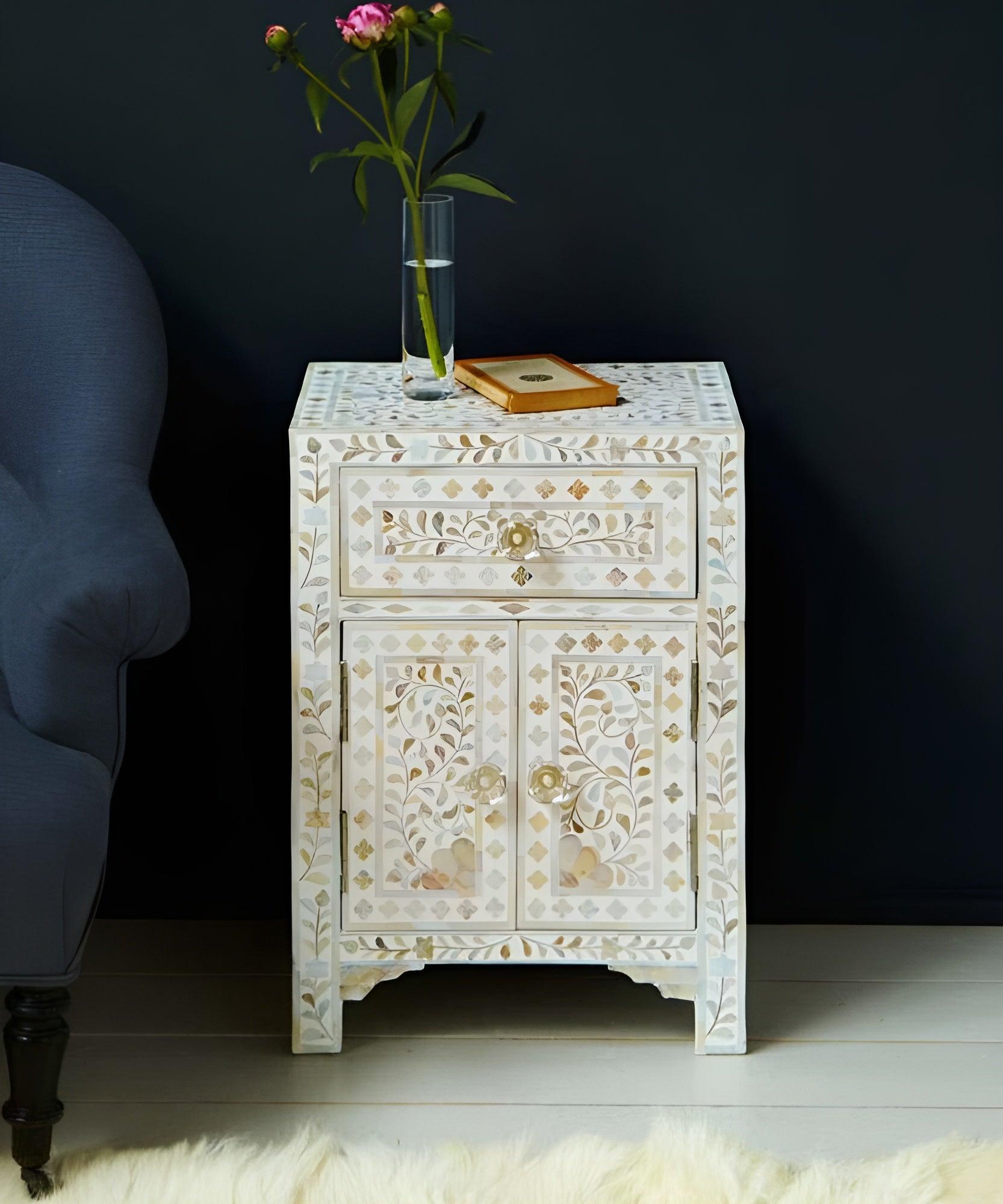 Niktan Export Mother of Pearl Inlay Bedside Table Exquisite Handcrafted - NikTan Export