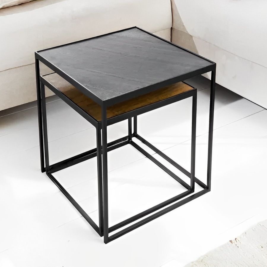 Industrial Set of 2 Coffee Tables FIRE &amp; EARTH 44cm Mango Wood Slate Metal - NikTan Export