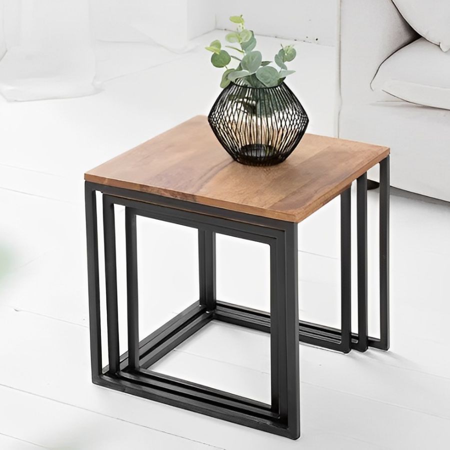 Design Side Table Set of 3 ELEMENTS 40cm Sheesham Metal Frame Black - NikTan Export