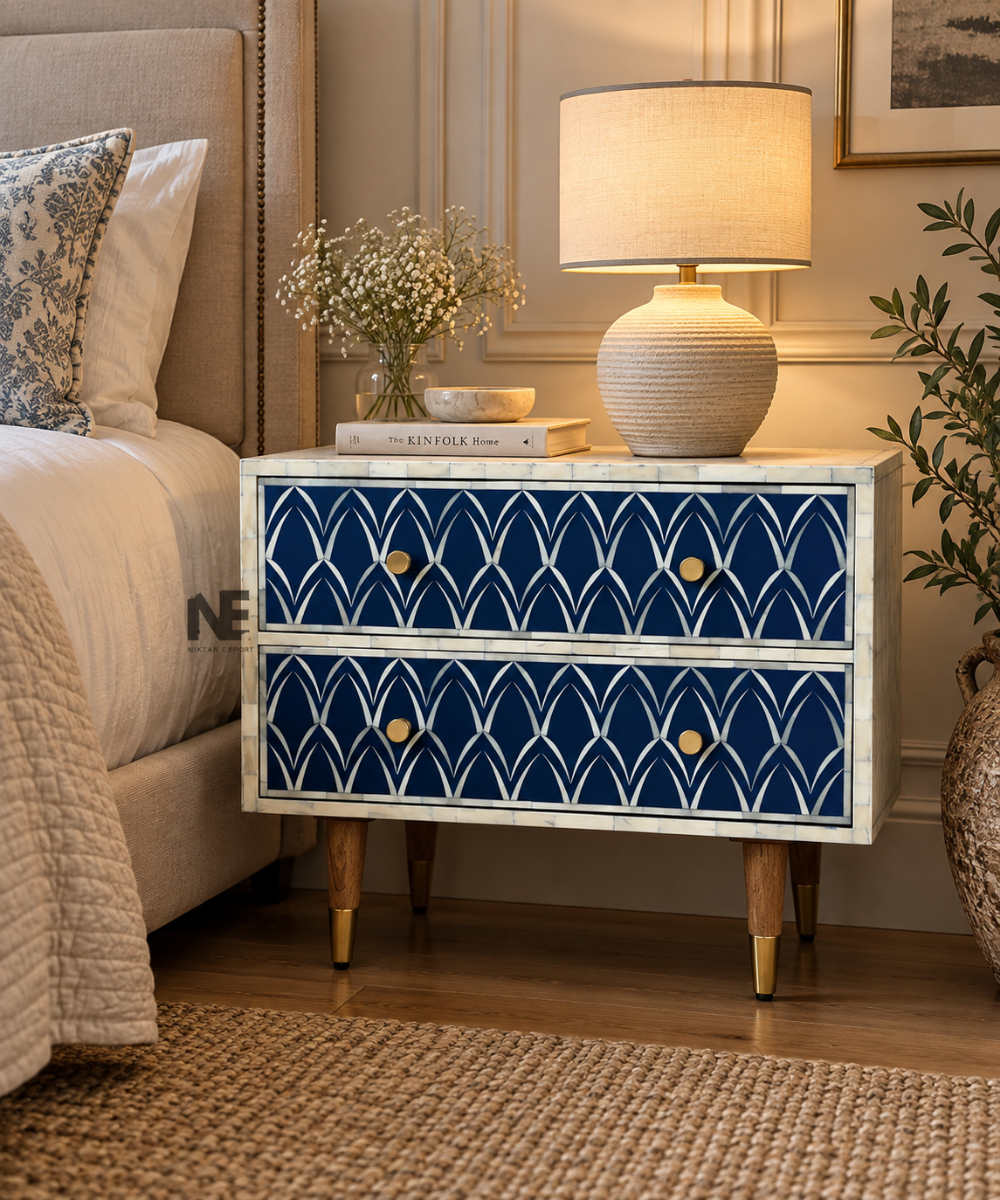 Blue floral bone inlay bedside table