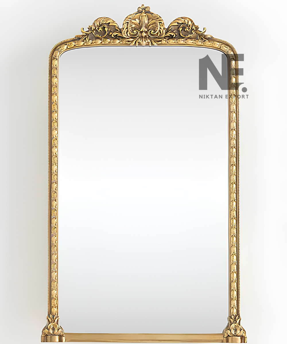 Front view of an antique gold mirrored wall cabinet