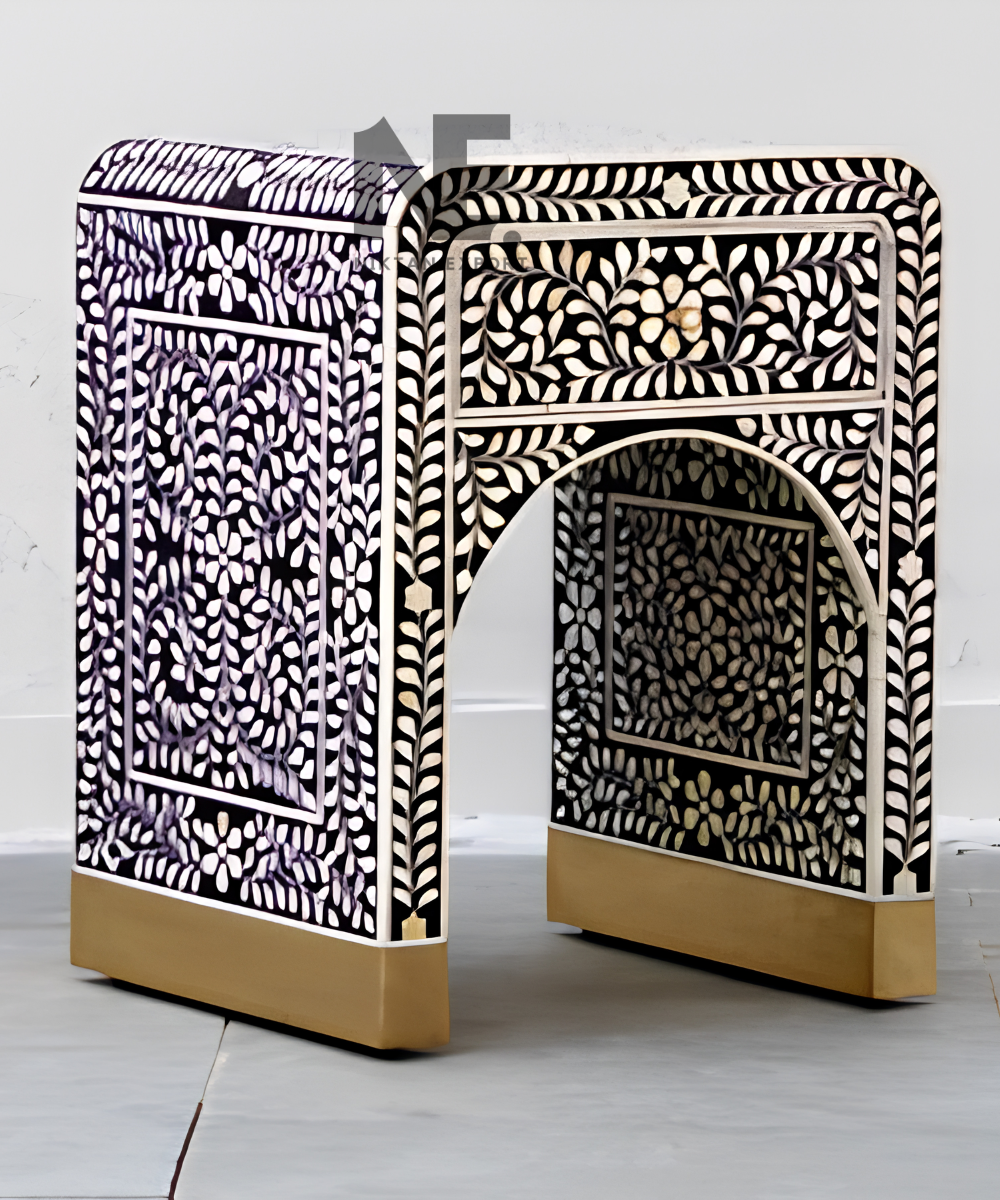 Bone inlay nightstand with leaf and flower pattern