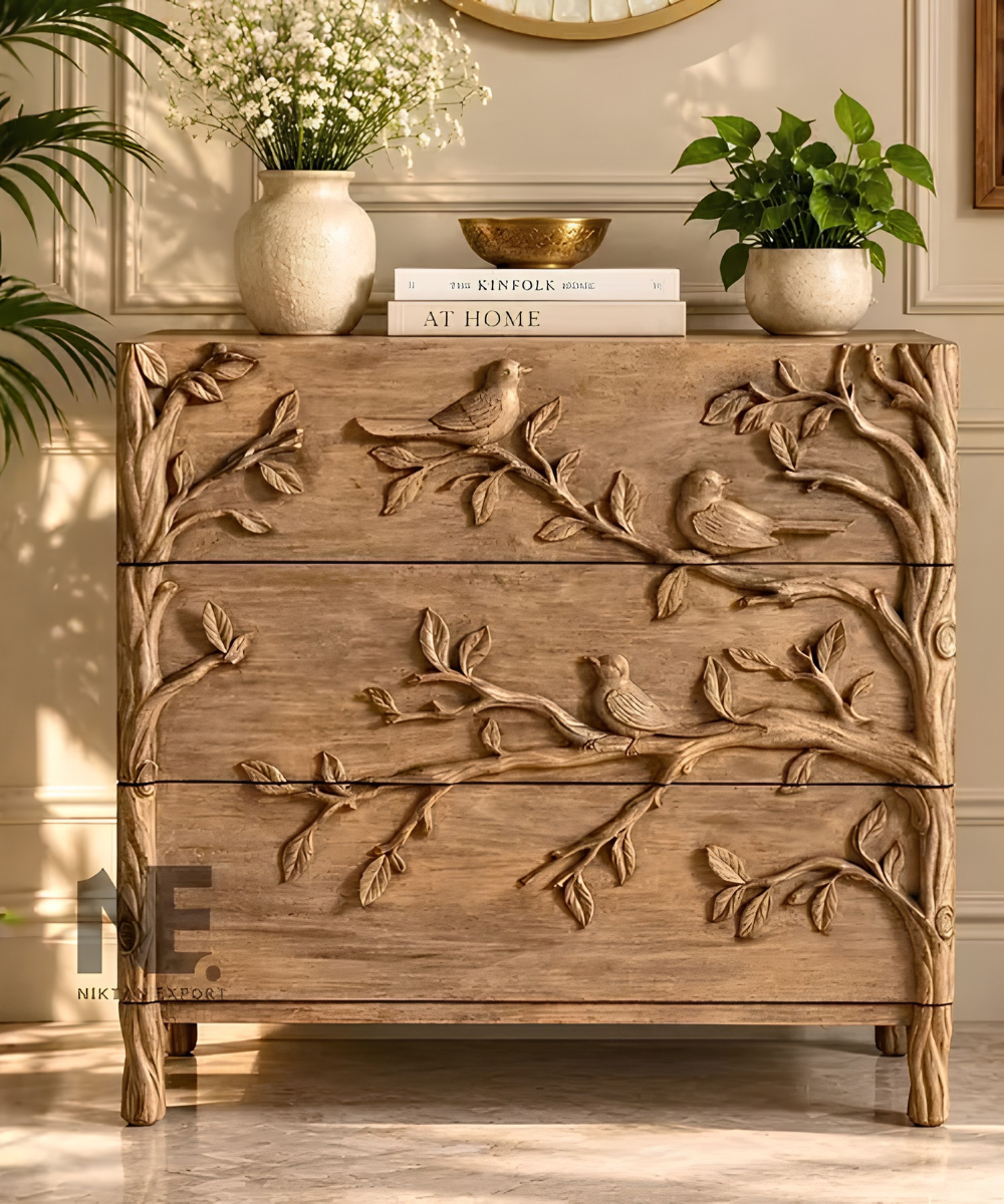 Hand-carved bird dresser with three drawers