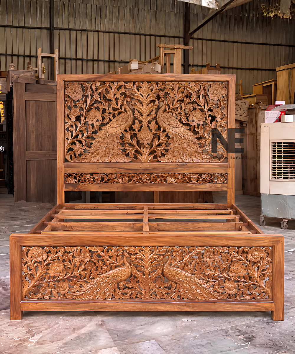 Hand-Carved Mango Wood Bed Peacock Floral Headboard & Footboard