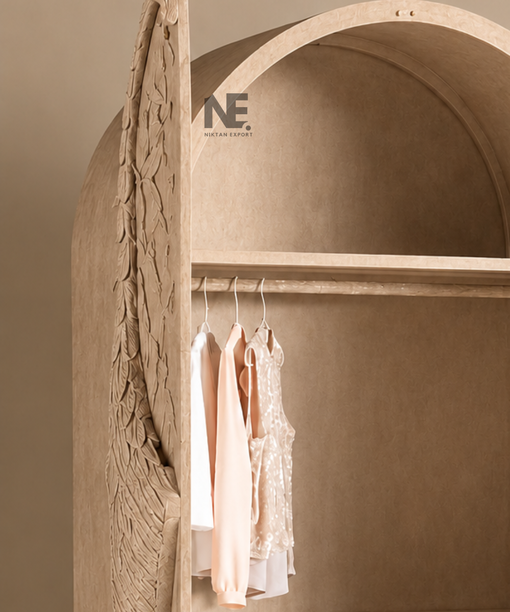 Wooden wardrobe with carved grass motifs at the base