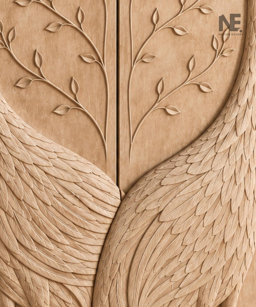 Full view of nature-inspired carved wooden wardrobe