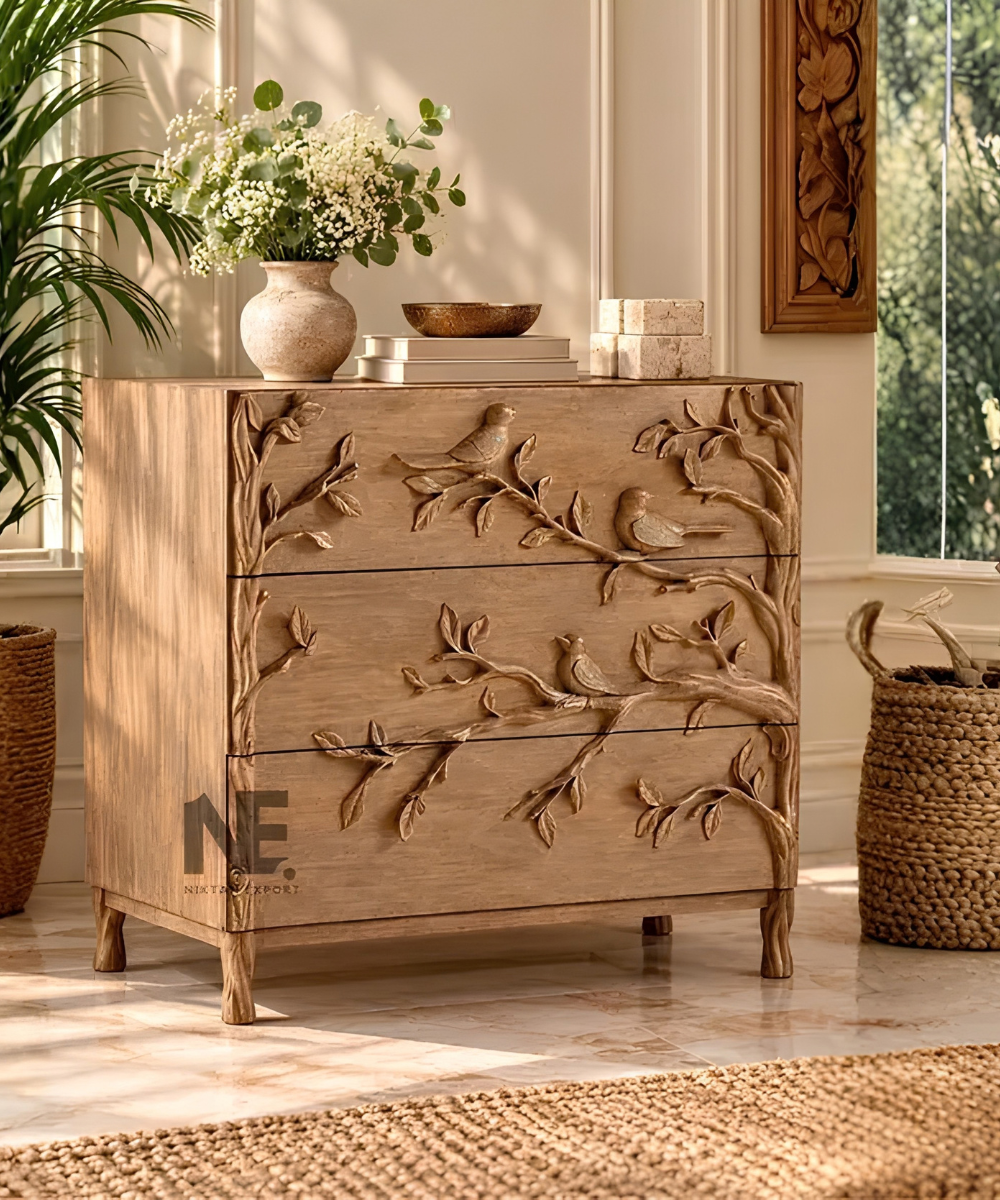 Hand-carved wooden three-drawer dresser
