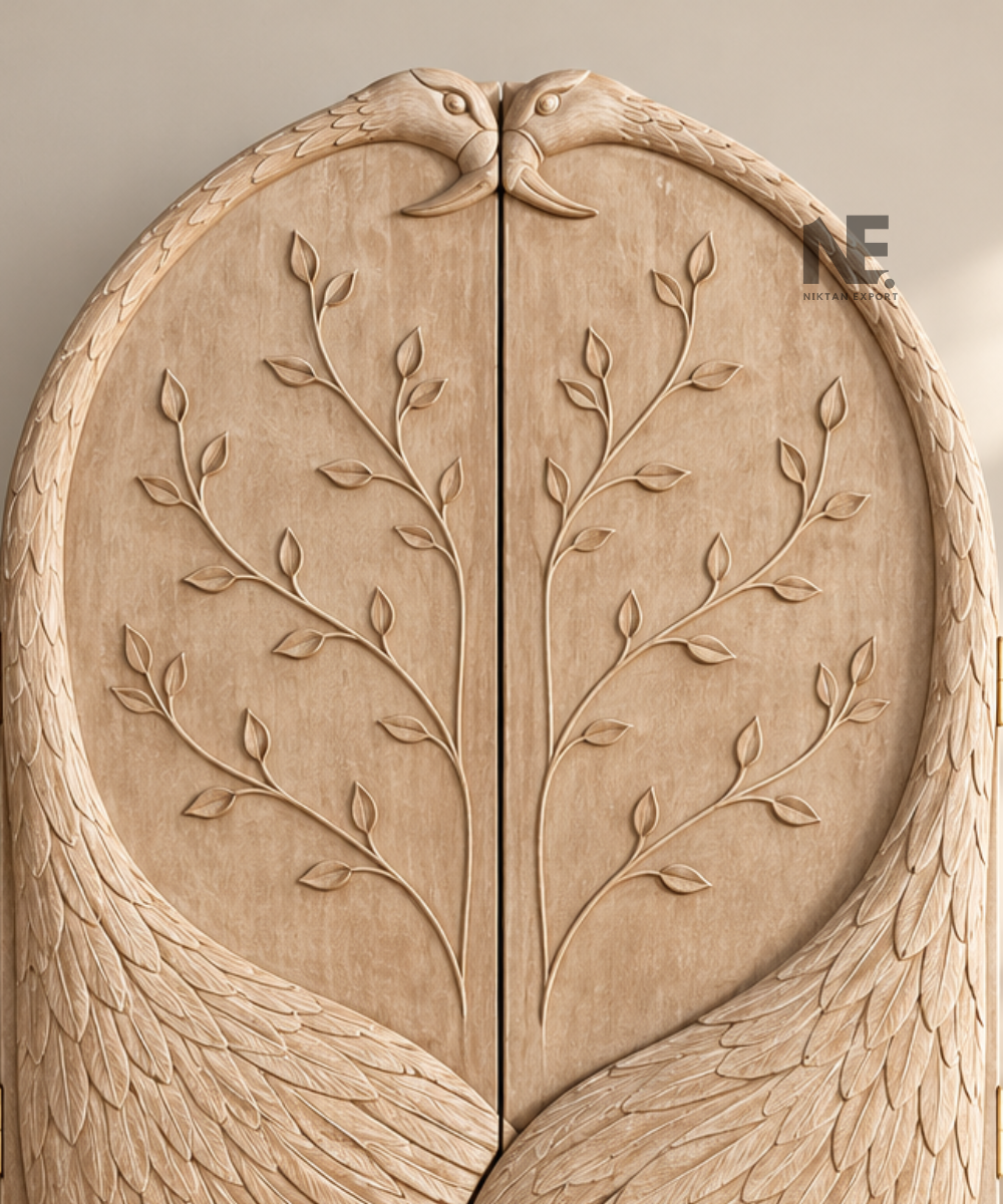 Detailed feather carving on a wooden wardrobe
