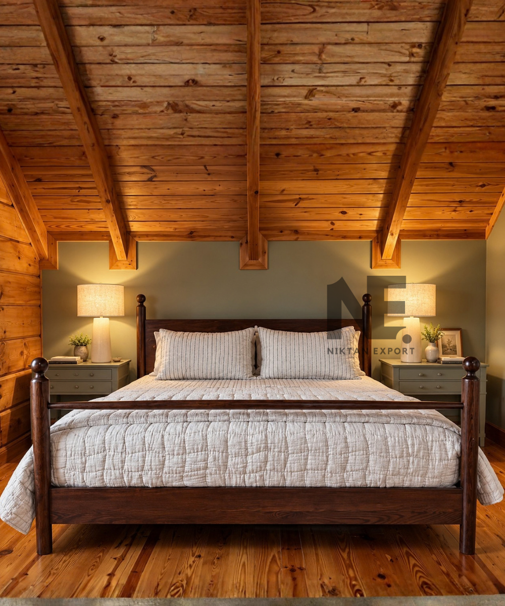 Traditional dark brown oak wood poster bed front view