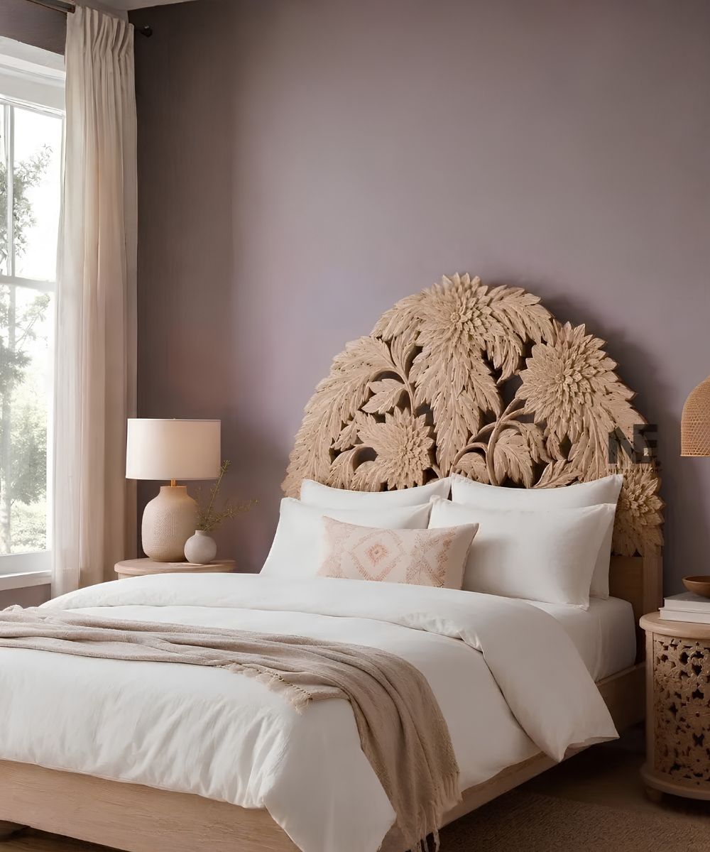 Natural wood floral carved bed frame
