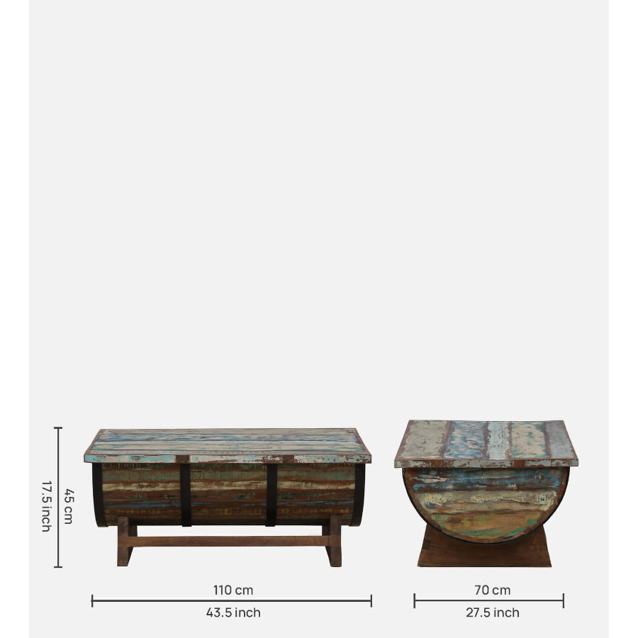 Jhalamand Barrel Storage Design Coffee Table In Distressed Finish - NikTan Export