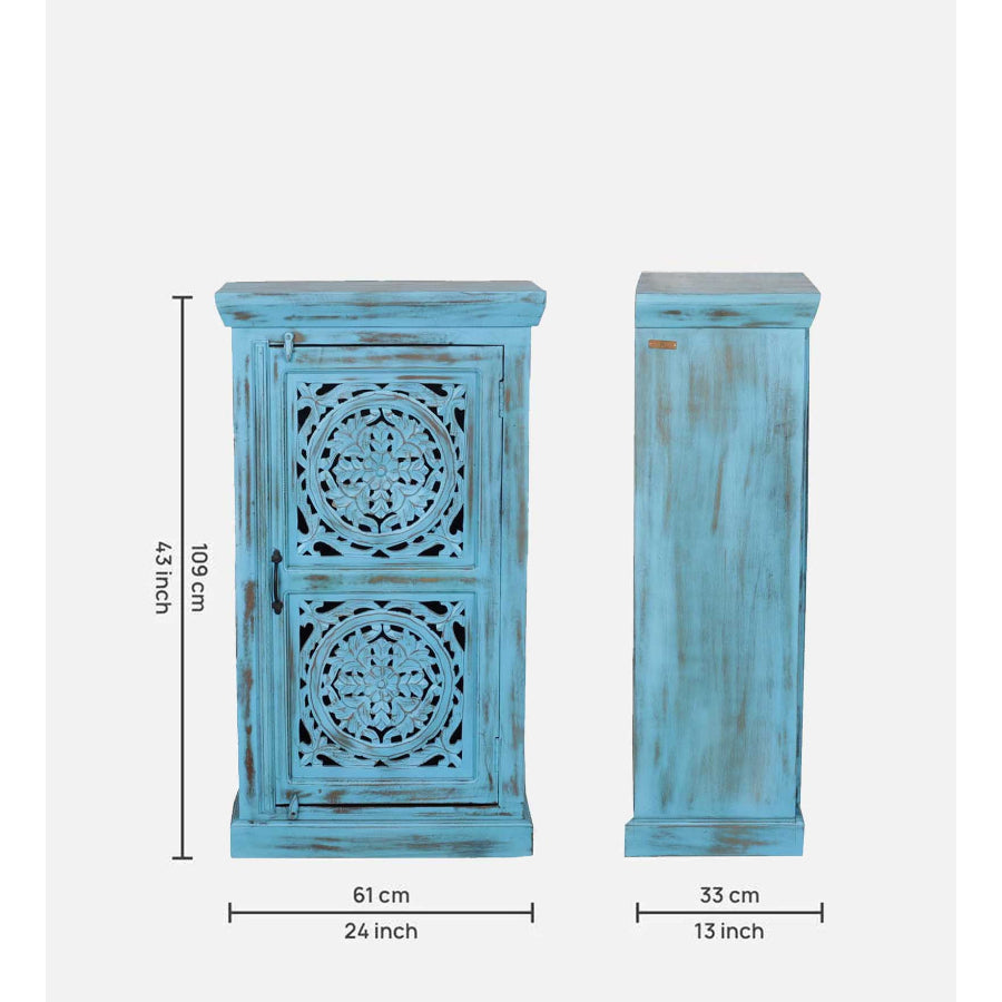 Jhalamand Solid Wood Cabinet In Blue Distress Finish