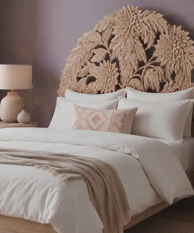 Boho hand-carved floral wooden bed