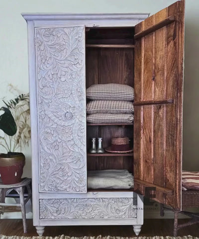 Floral carved wooden wardrobe with whitewashed finish
