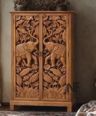 handmade elephant carved wooden armoire