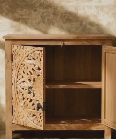 Hand carved mandala cabinet with natural wood top