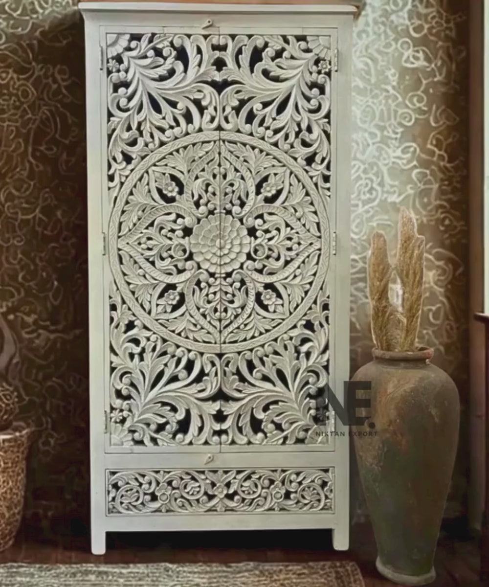 Solid mango wood armoire with floral carving