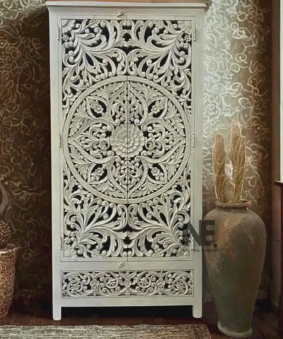 Solid mango wood armoire with floral carving