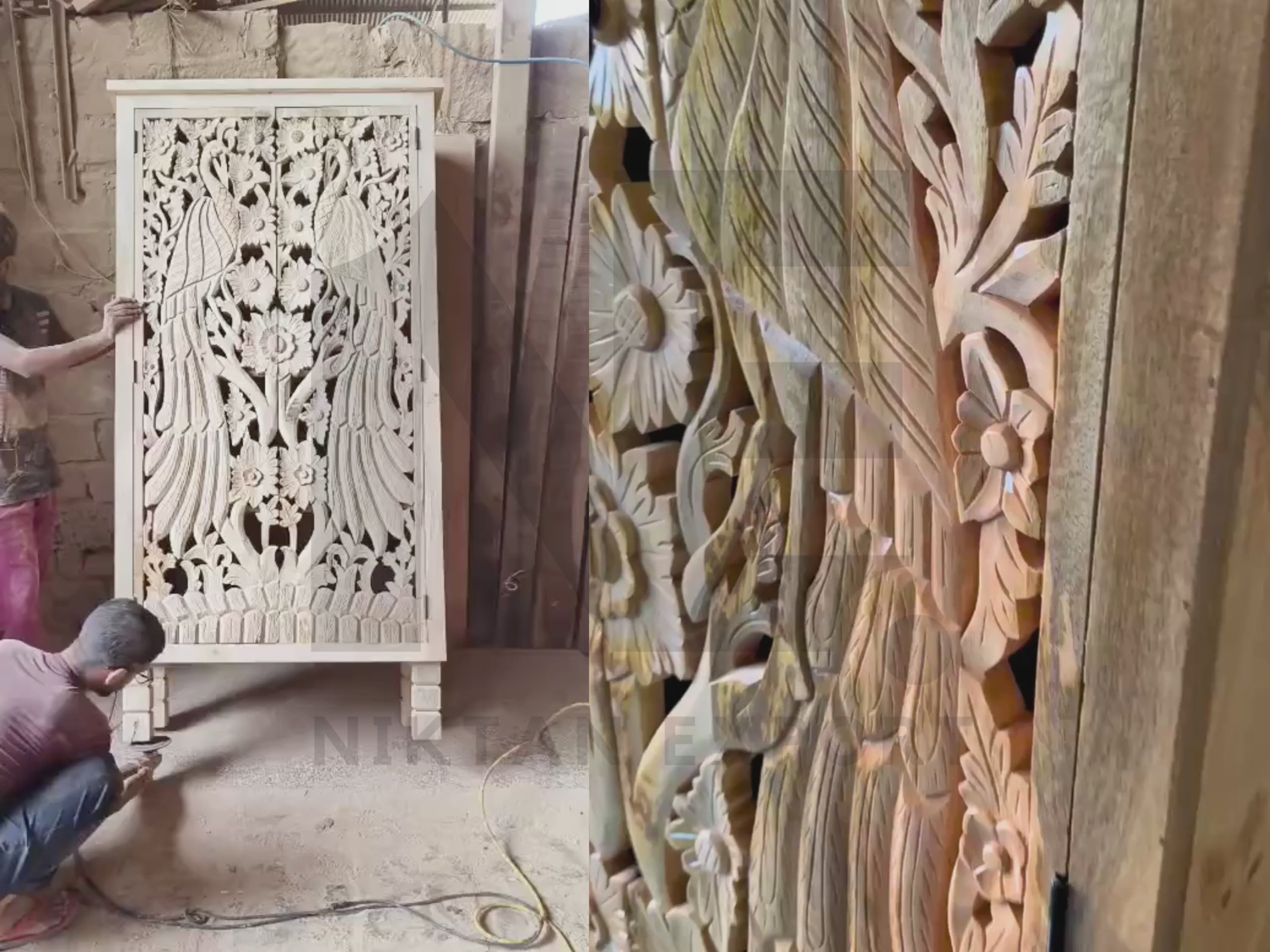 Decorative solid mango wood armoire with intricate peacock carvings