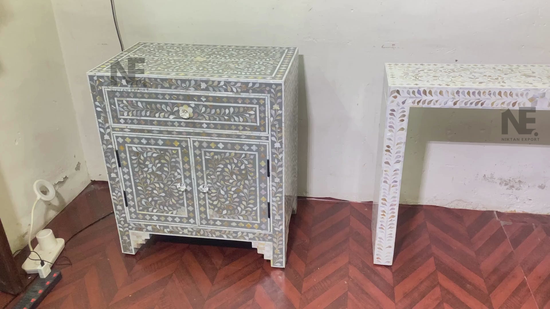 White floral Mother of Pearl console table front view