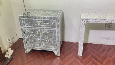 White floral Mother of Pearl console table front view