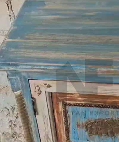 Blue and white distressed wooden cabinet