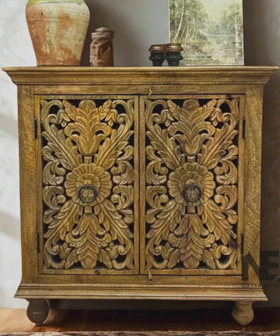 Front view of hand-carved mango wood sideboard