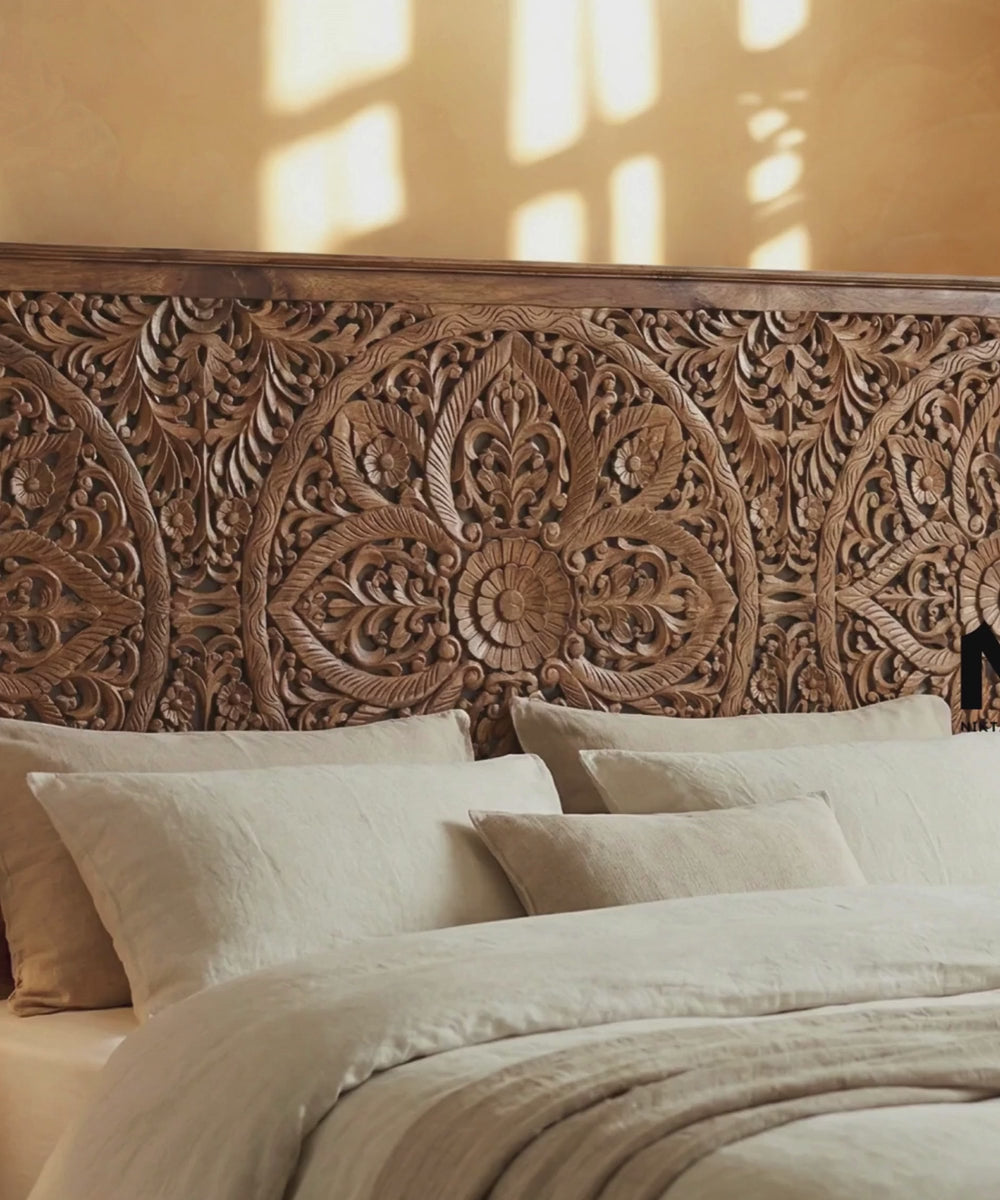 Detailed mandala carving on mango wood headboard