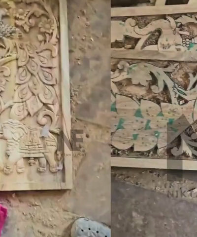 Mango wood cabinet with carved elephant and peacock doors