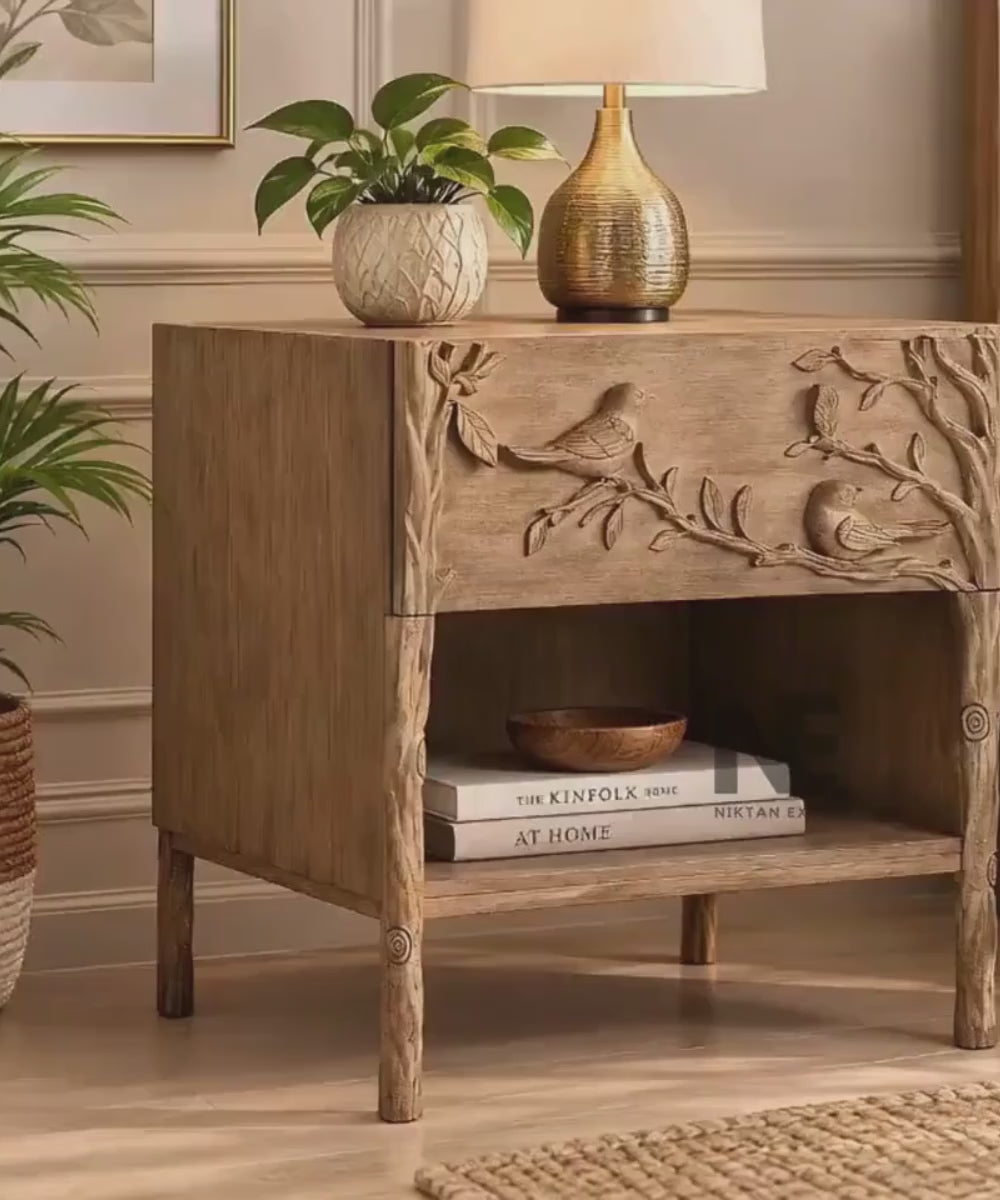 Wooden nightstand with bird and branch carving
