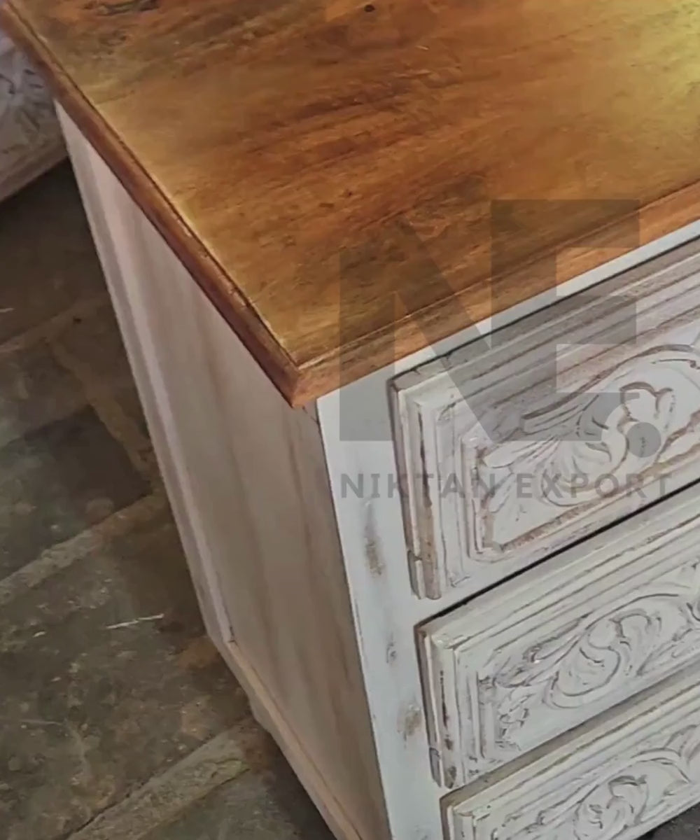 mango wood dresser with floral carved drawer fronts