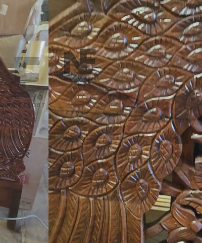 King-size wooden headboard with peacock motifs